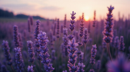 Fototapeta premium Tranquil Purple Lavender Field Illuminated by Golden Sunset Sky in Rural Countryside