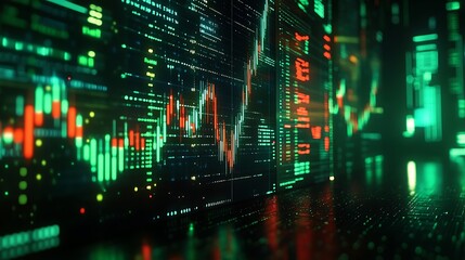 Obraz premium A focused image of a PC screen filled with a live cryptocurrency price chart, highlighting recent price action with vibrant green and red candles.