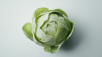 Fototapeta premium Single, perfectly round cabbage with dew drops, captured from above against stark white backdrop