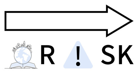 Large forward arrow pointing right, Earth on open book with a crown, letters R and SK, exclamation mark inside triangle. Ideal for education, success, growth, caution, progress global affairs