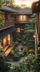 Gazing down from wooden balcony into serene Japanese courtyard, featuring traditional tea house
