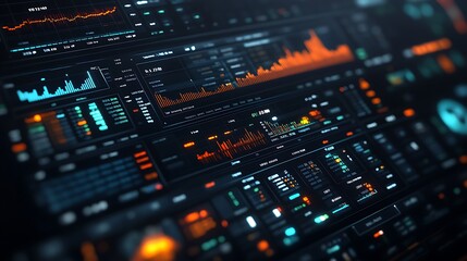 Fototapeta premium A high-definition close-up of a desktop screen filled with detailed crypto price tracking charts, showcasing real-time market data, moving averages, and trading signals.