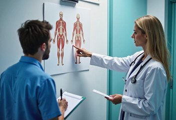 Medical training in a clinical setting highlighting human anatomy and educator-student interaction