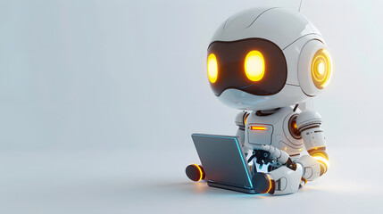 Cute friendly artificial intelligence robot using laptop computer with white neon glow light, light grey background, chatbot and AI assistant concept futuristic technology 3d illustratio