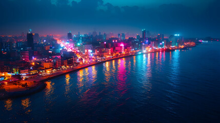 Naklejka premium Vibrant Night Cityscape: Coastal Metropolis Illuminates Ocean Waters with Colorful Reflections, Aerial View