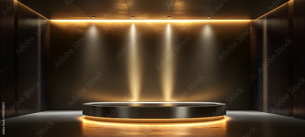 Poster 18. a high-end podium with a metallic surface, soft overhead lighting creating a calm atmosphere, an