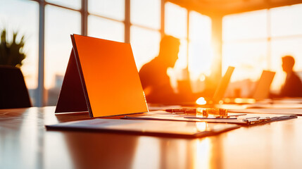 Golden Hour Success: A modern office bathed in the warm glow of sunset, showcasing a blank tablet ready for your message.