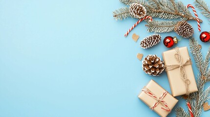 Fototapeta na wymiar Festive Holiday Decorations with Pine Cones, Gifts, Ornaments, and Candy Canes on Light Blue Background for Christmas and New Year Celebrations and Promotions