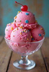 Bubblegum ice cream with sprinkles and cherry topper for dessert blogs, menu designs, and summer holiday promotions - perfect for ice cream parlor websites and social media