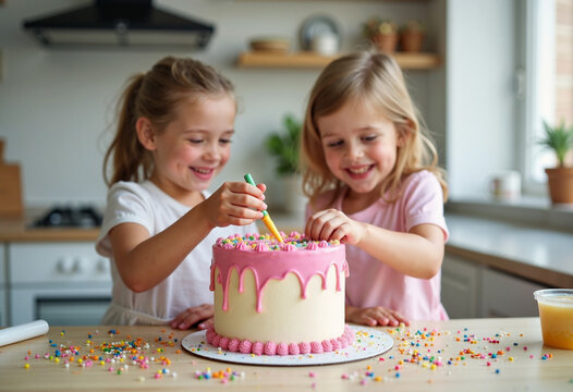 Two joyful children decorating a colorful cake with vibrant sprinkles in a bright kitchen