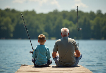 Bonding moments by the serene lake while fishing under the sun