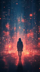 A futuristic office, the city skyline reflected in glass windows, with skyscrapers illuminated against an orange sky at sunset. 