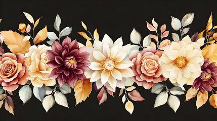 Watercolor Autumn Floral Border: Dahlias, Roses, and Leaves on Black Background