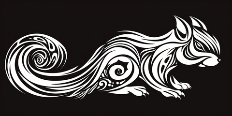 Stylized white tribal illustration of a squirrel on a black background.