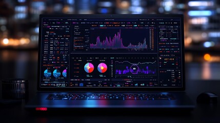 Obraz premium A high-resolution image of a laptop screen showcasing a dynamic crypto trading interface, filled with market trend indicators, moving averages, and volume bars.