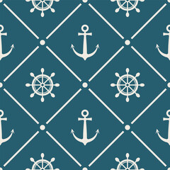 Seamless nautical pattern with anchor and steering wheel, vector elements, graphic design wallpaper background for your design , wrapping paper © Tanatphong