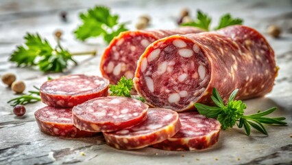 Vintage Style Salami Slices on White Backdrop - Rustic Food Photography