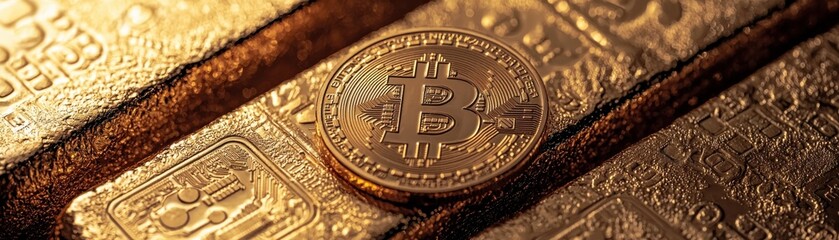 Bitcoin coin resting on gold bars, symbolizing digital currency and wealth on an isolated background.