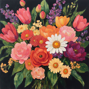 Beautiful Abstract Oil Painting of Flower Bouquets