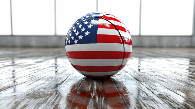 3D Render of a Basketball with the American Flag Design on a Wooden Floor - Powered by Adobe