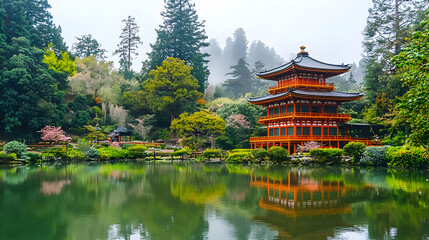 Naklejka premium Serene Japanese Pagoda Reflects in Calm Pond, Surrounded by Lush Green Gardens and Misty Trees