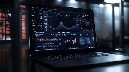 A high-resolution laptop screen in a dark office environment, showcasing live cryptocurrency price analysis with intricate trading indicators, volume charts, and trend lines.