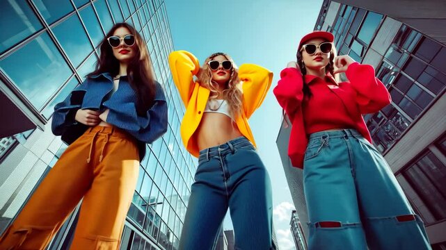 Young stylish women in modern street style outfit, view from the bottom. Fashionable models, musicians, rappers performing. Video