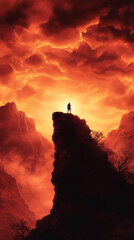 Silhouette of person on rocky peak under dramatic sky