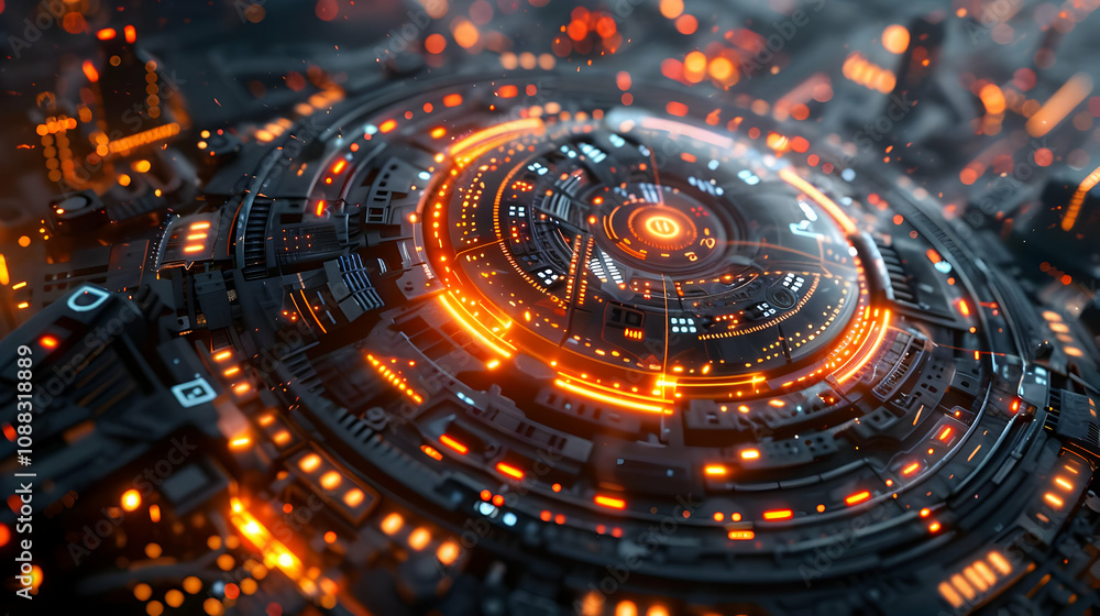 Poster futuristic 3d render of a glowing circular tech device with intricate details and orange accents, ab