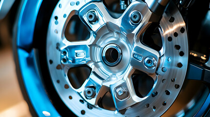 Obraz premium A close-up view of a motorcycle wheel with a shiny silver disc brake and a blue rim, showcasing the intricate details and mechanical precision of the design.