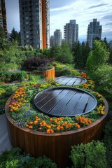 Urban Rooftop Garden with Solar Panels Surrounded by Lush Vegetation and Cityscape in the Background