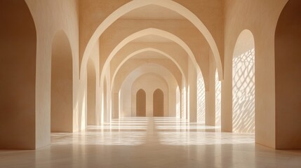Architectural interior with soft light filtering through elegant arches, creating a serene and tranquil atmosphere in a sacred space.