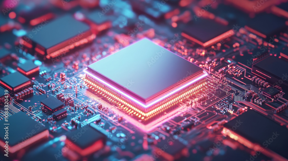 Poster a tiny ai chip sits on a circuit board. this shows how ai technology works.