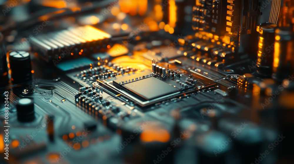 Poster a tiny ai chip sits on a circuit board. this shows how ai technology works.