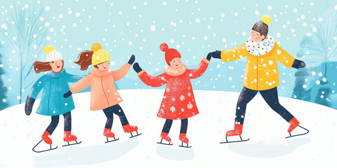 Fototapeta premium Snowy Ice Skating Scene with Family: A cozy and festive artwork