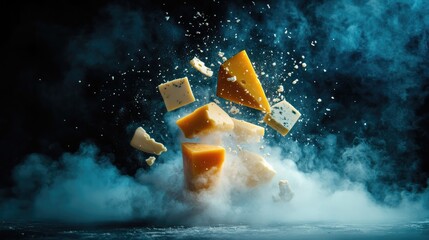 Cheese Selection in Mid-Air with Smoke Effects Featuring Cheddar, Blue Cheese, Emmental, Soft Cheese, and Parmesan Displayed in Levitation