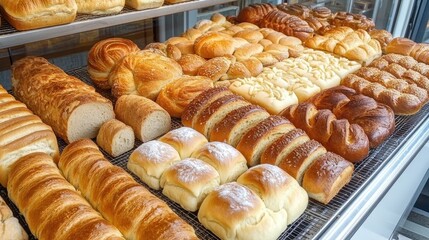 Assortment of Artisanal Breads Displayed on Shelves in a Classic Bakery Setting