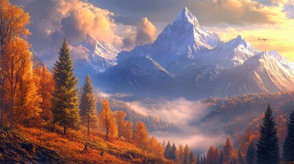 Obraz premium Majestic mountains rise above a serene valley adorned with vibrant autumn foliage and soft mist, illuminated by warm, golden sunlight.