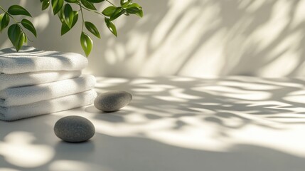Spa Setting with Soft Towels and Smooth Stones Creating Dramatic Shadows Surrounded by Leaves Emphasizing Relaxation and Body Care Themes