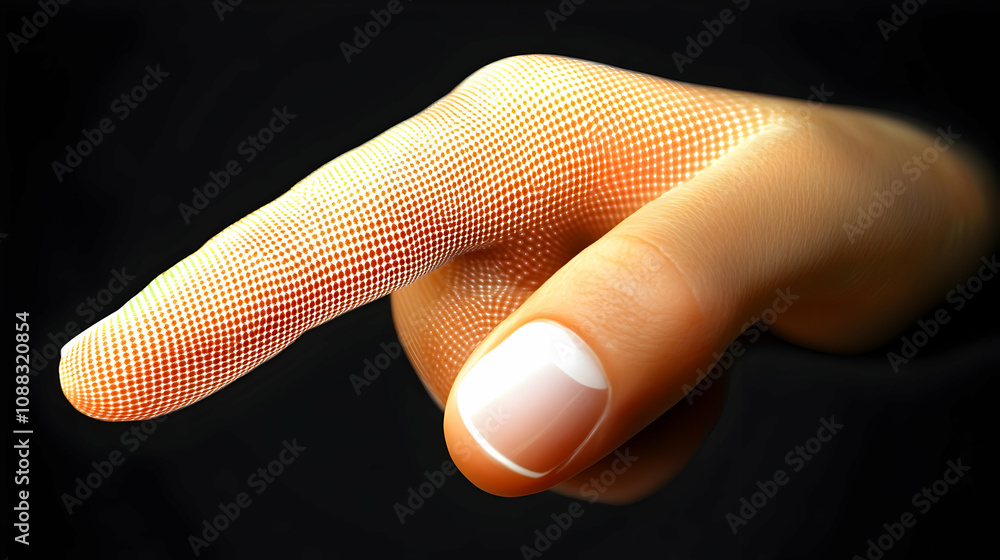 Poster a digitally rendered human fingertip composed of a pattern of white dots on a black background