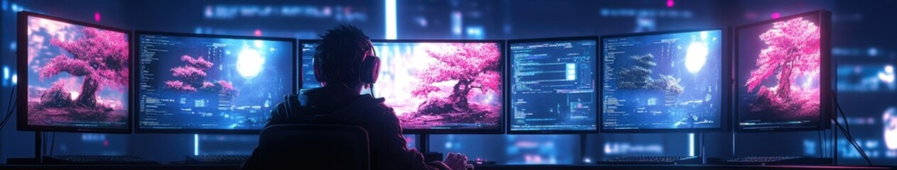 Advanced coder in cyberpunk workspace, glowing futuristic screens, technology-human interaction