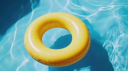 Yellow inflatable pool float ring floating serenely on the surface of a clear turquoise swimming pool in a flat lay perspective.