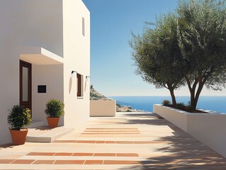 Fototapeta premium A Mediterranean villa on a hillside, overlooking the sea, with terracotta tiles and olive trees