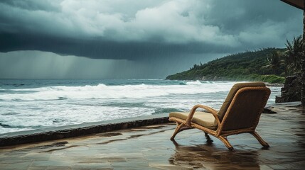 Lounge chair on patio overlooking stormy ocean waves with dark clouds and approaching rain in a tranquil coastal setting.