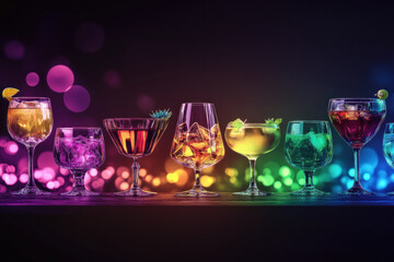 Colorful cocktails on a table at a vibrant outdoor bar.