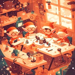 Elves Coding and Engineering Robotic Creations in a Cozy High Tech Workshop with Christmas Themed Machines