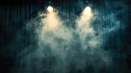 Theater spotlight illuminating swirling smoke against a dark curtain creating a dramatic and moody atmosphere for a vintage performance.