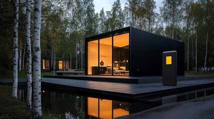 Obraz premium A minimalistic glass cabin surrounded by birch trees, reflecting the crisp white trunks