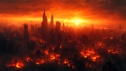 Naklejka premium A haunting post-apocalyptic cityscape featuring crumbling buildings and desolate streets bathed in a gloomy atmosphere, symbolizing decay, resilience, and the power of nature reclaiming urban spaces