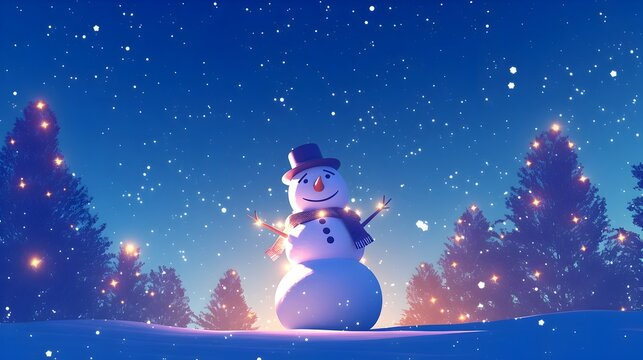 Elegant Snowman Accentuated by Intelligent LED Lighting in Starry Night Sky